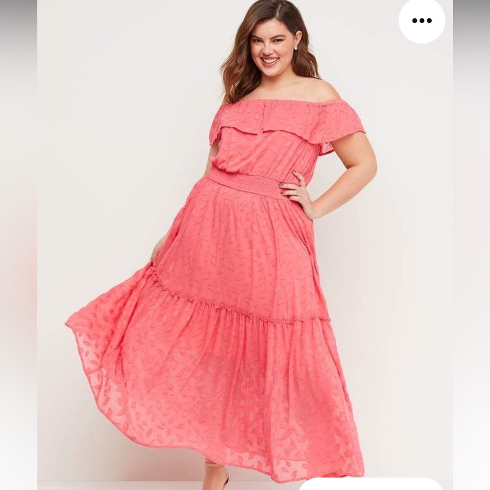 Lane Bryant Dress Women 18/20 Pink Coral Maxi Off Shoulder Tiered Lined Boho NWT